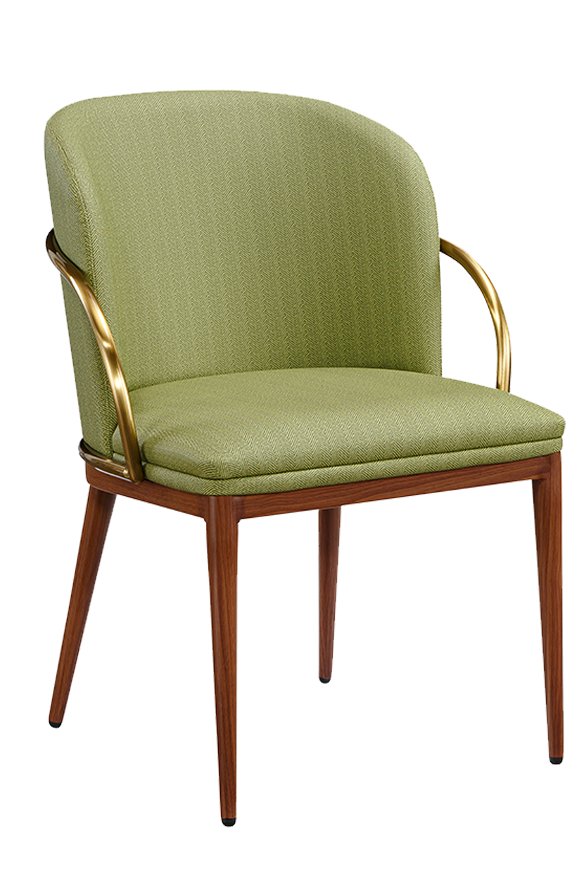 Indoor Metal Chair W/ Green Vinyl Seat, Finish Walnut Frame