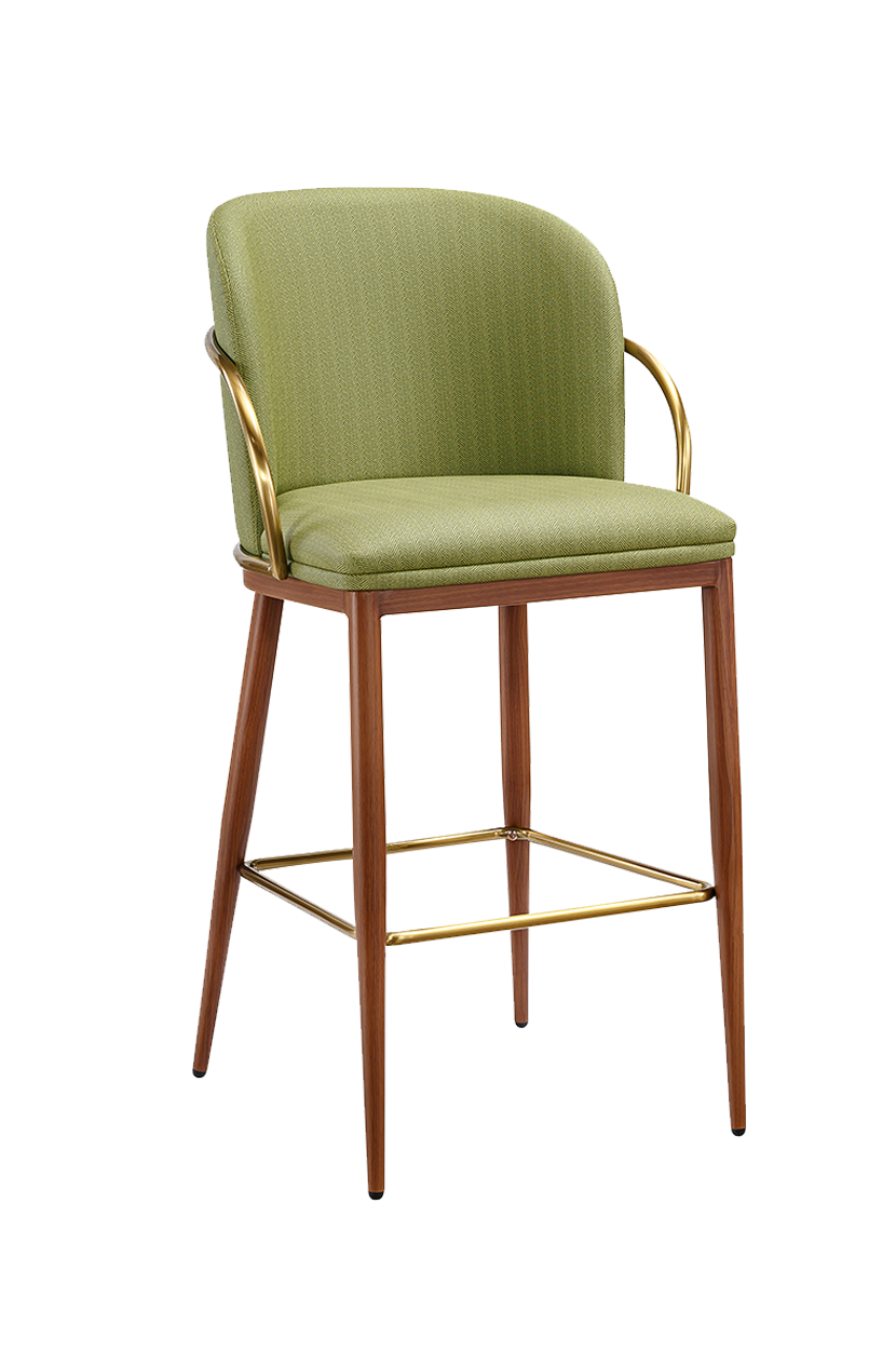 Indoor Metal Barstool W/ Green Vinyl Seat, Finish Walnut Frame