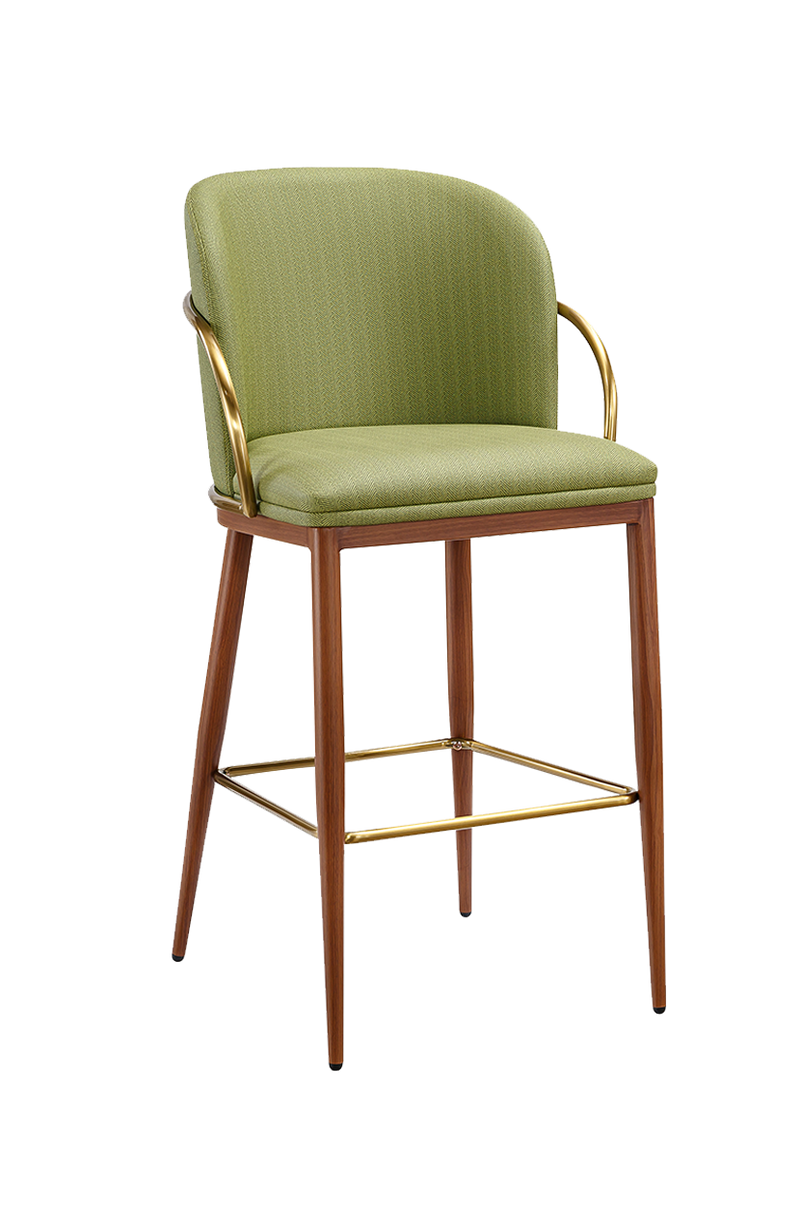 Indoor Metal Barstool W/ Green Vinyl Seat, Finish Walnut Frame