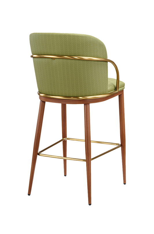 Indoor Metal Barstool W/ Green Vinyl Seat, Finish Walnut Frame