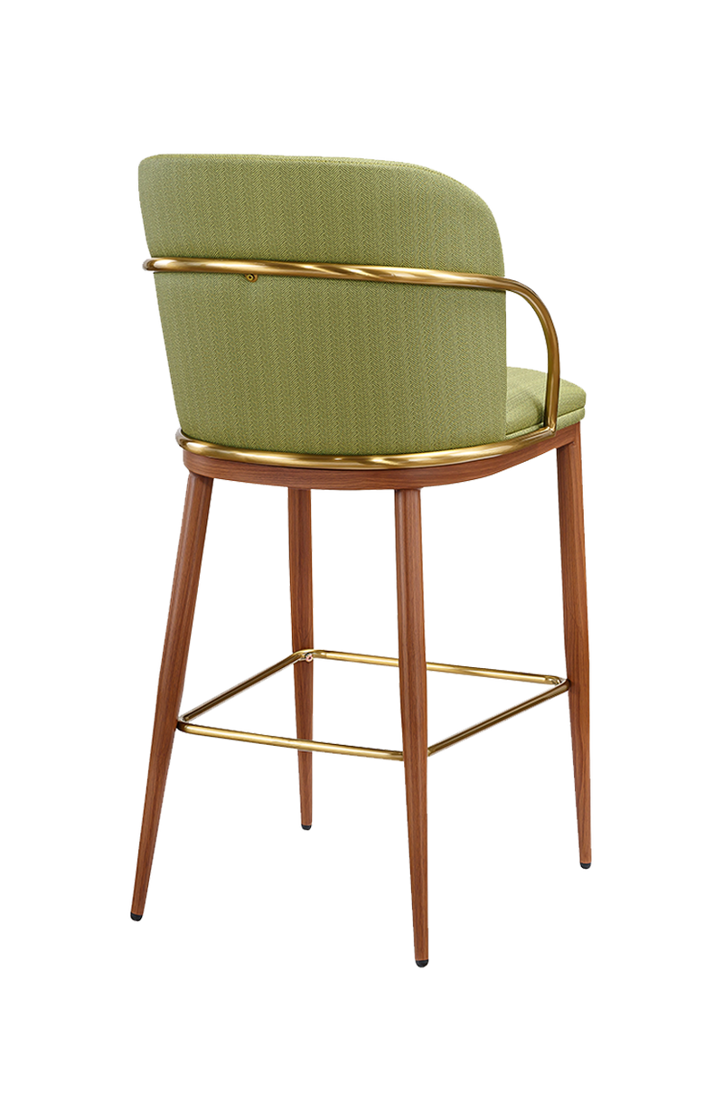 Indoor Metal Barstool W/ Green Vinyl Seat, Finish Walnut Frame