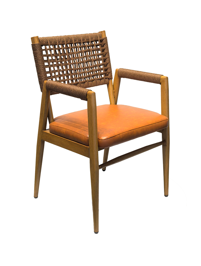 Indoor Wood Grain Metal Chair W/ Woven Rope Back