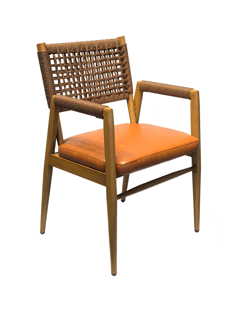 Indoor Wood Grain Metal Chair W/ Woven Rope Back