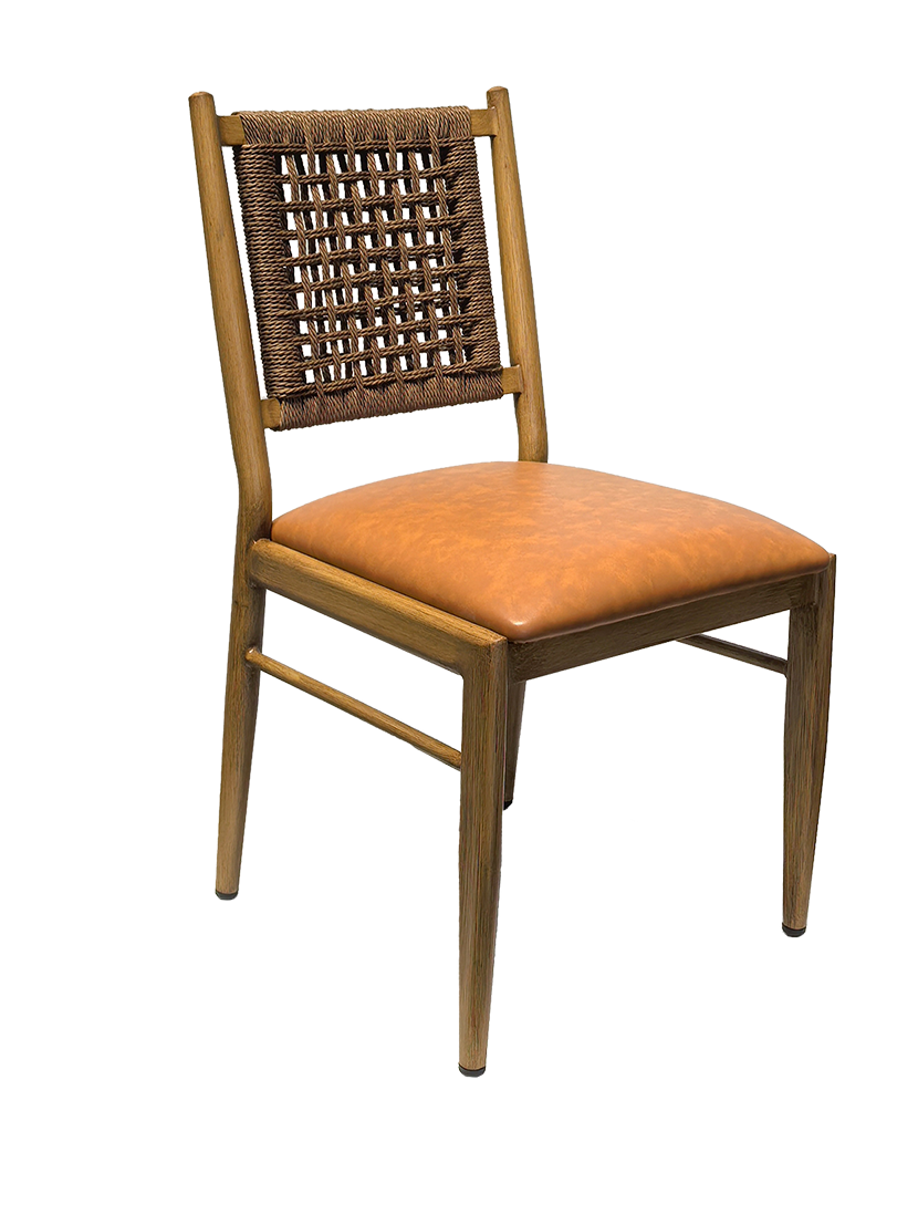 Indoor  Woven Rope Back Metal Chair W/ Wood Grain Frame