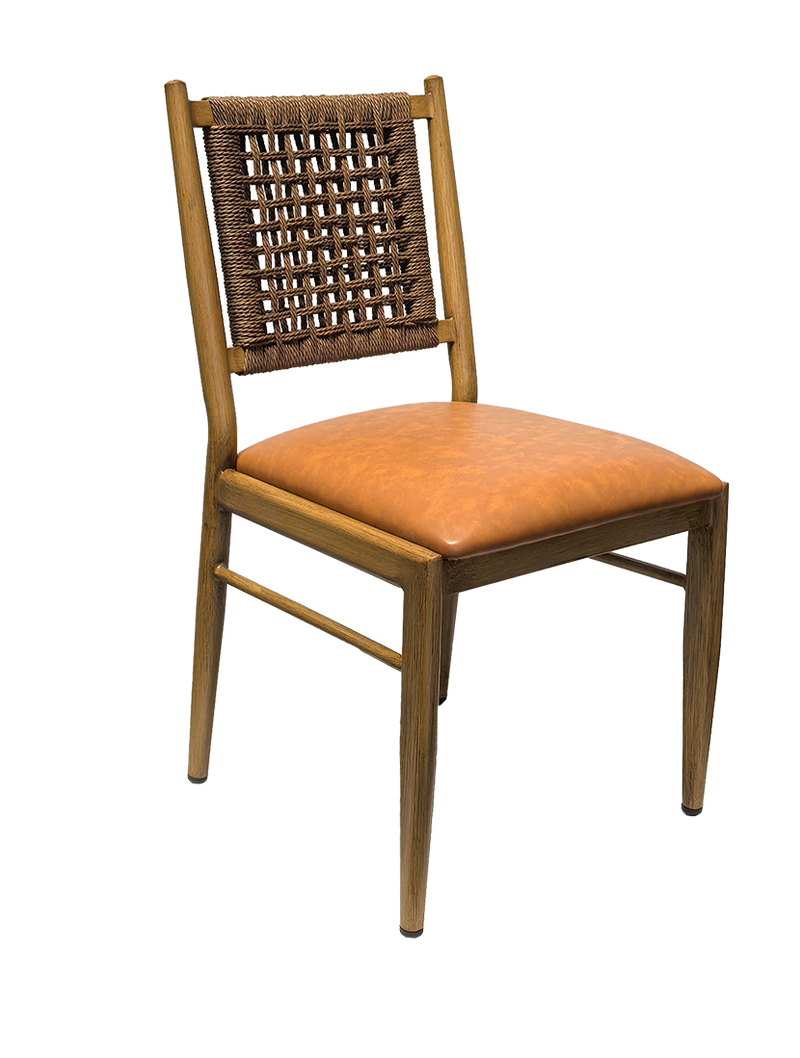 Indoor  Woven Rope Back Metal Chair W/ Wood Grain Frame