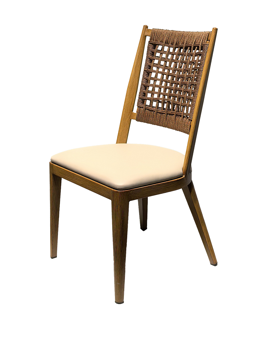 Indoor Wood Grain Metal Chair W/ Beige Seat and Woven Rope Back