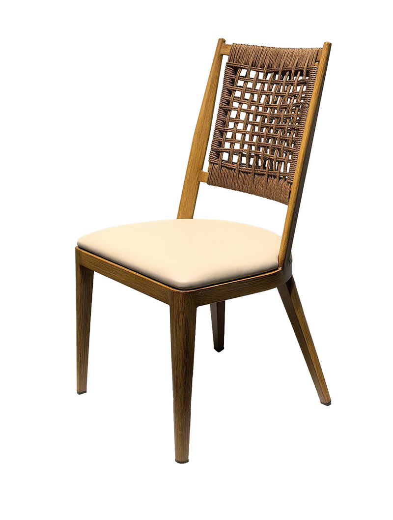 Indoor Wood Grain Metal Chair W/ Beige Seat and Woven Rope Back