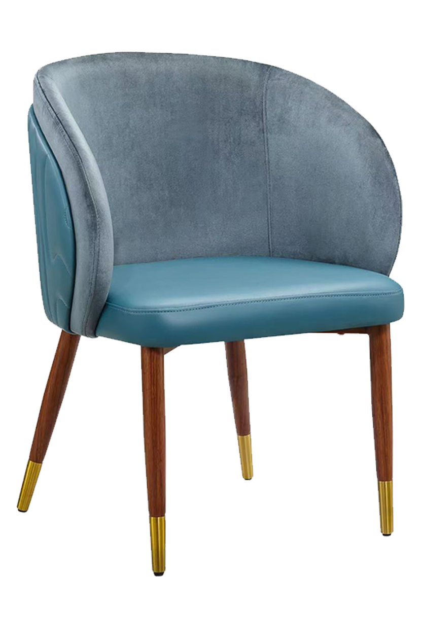 Indoor Metal Chair W/ Blue Seat And Fabric Back, Finish Walnut
