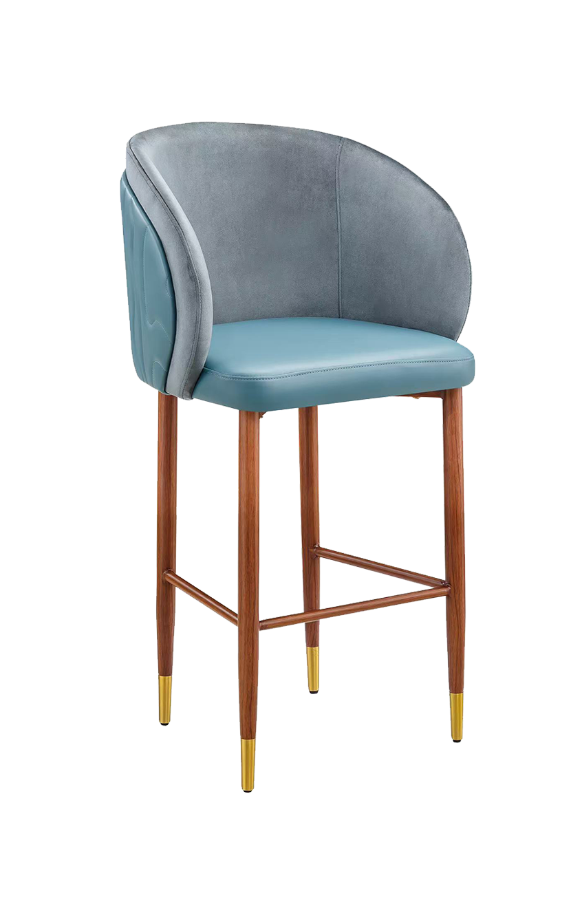 Indoor Metal Barstool W/ Blue Seat And Fabric Back, Finish Walnut