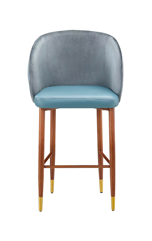 Indoor Metal Barstool W/ Blue Seat And Fabric Back, Finish Walnut