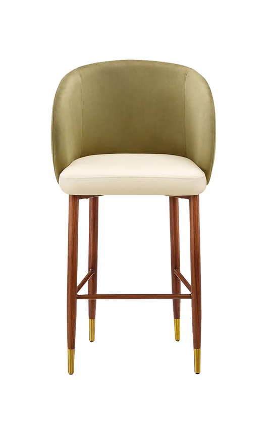 Indoor Metal Barstool W/ Beige Seat And Fabric Back, Finish Walnut