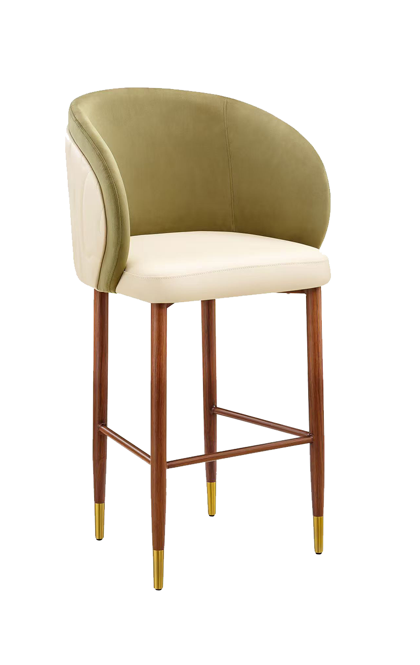 Indoor Metal Barstool W/ Beige Seat And Fabric Back, Finish Walnut