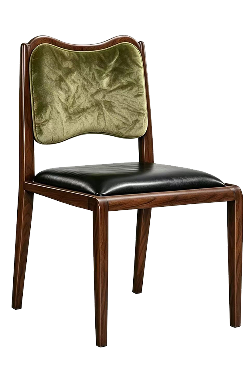 Indoor Metal Chair W/ Black Vinyl Seat And Green Fabric Back, Finish Walnut