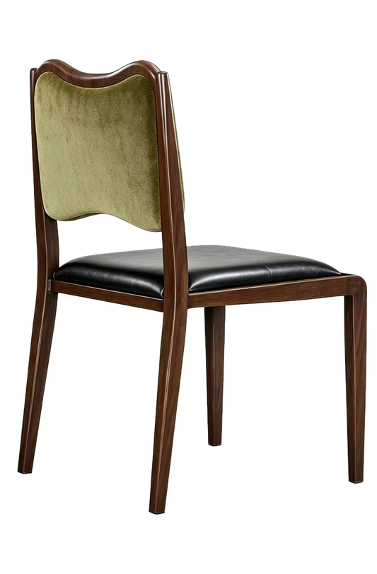 Indoor Metal Chair W/ Black Vinyl Seat And Green Fabric Back, Finish Walnut
