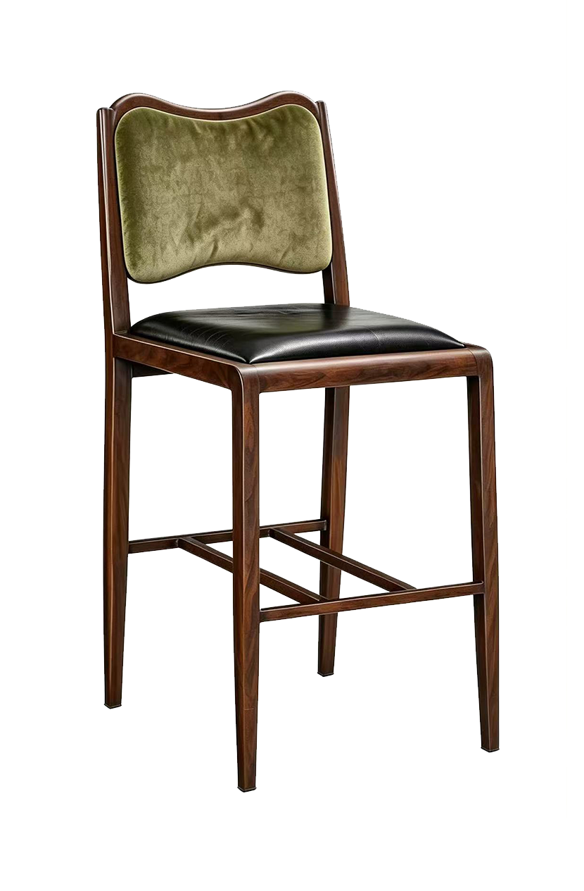 Indoor Metal Barstool W/ Black Vinyl Seat And Green Fabric Back, Finish Walnut