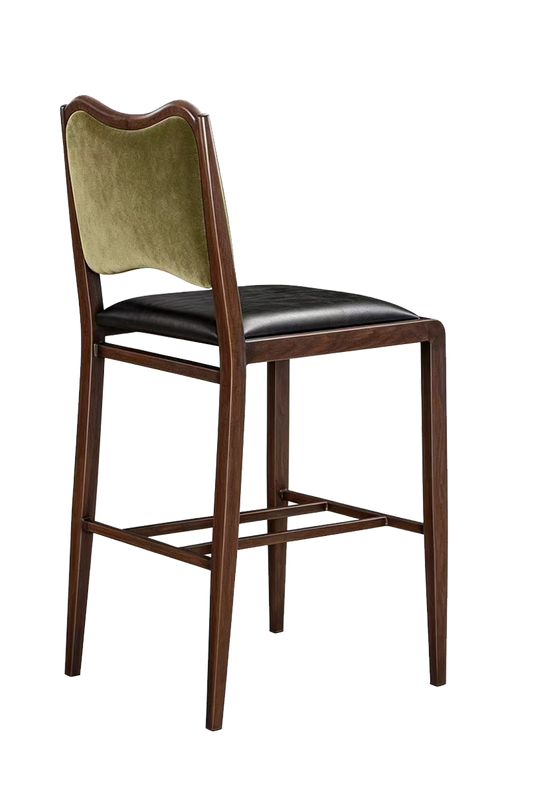 Indoor Metal Barstool W/ Black Vinyl Seat And Green Fabric Back, Finish Walnut