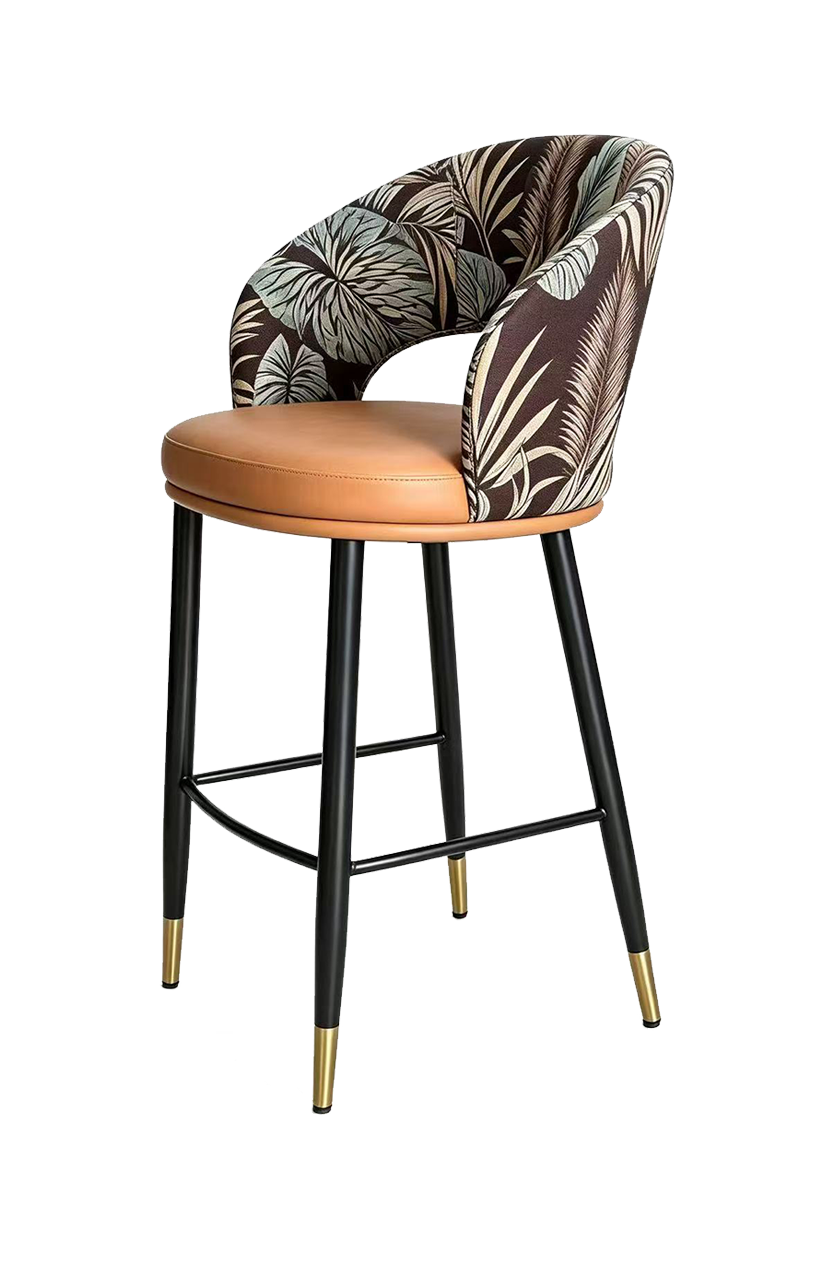 Black Metal Barstool W/ Brown Vinyl Seat And Golden Legs