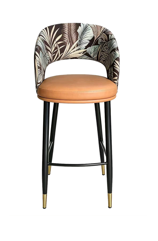Black Metal Barstool W/ Brown Vinyl Seat And Golden Legs