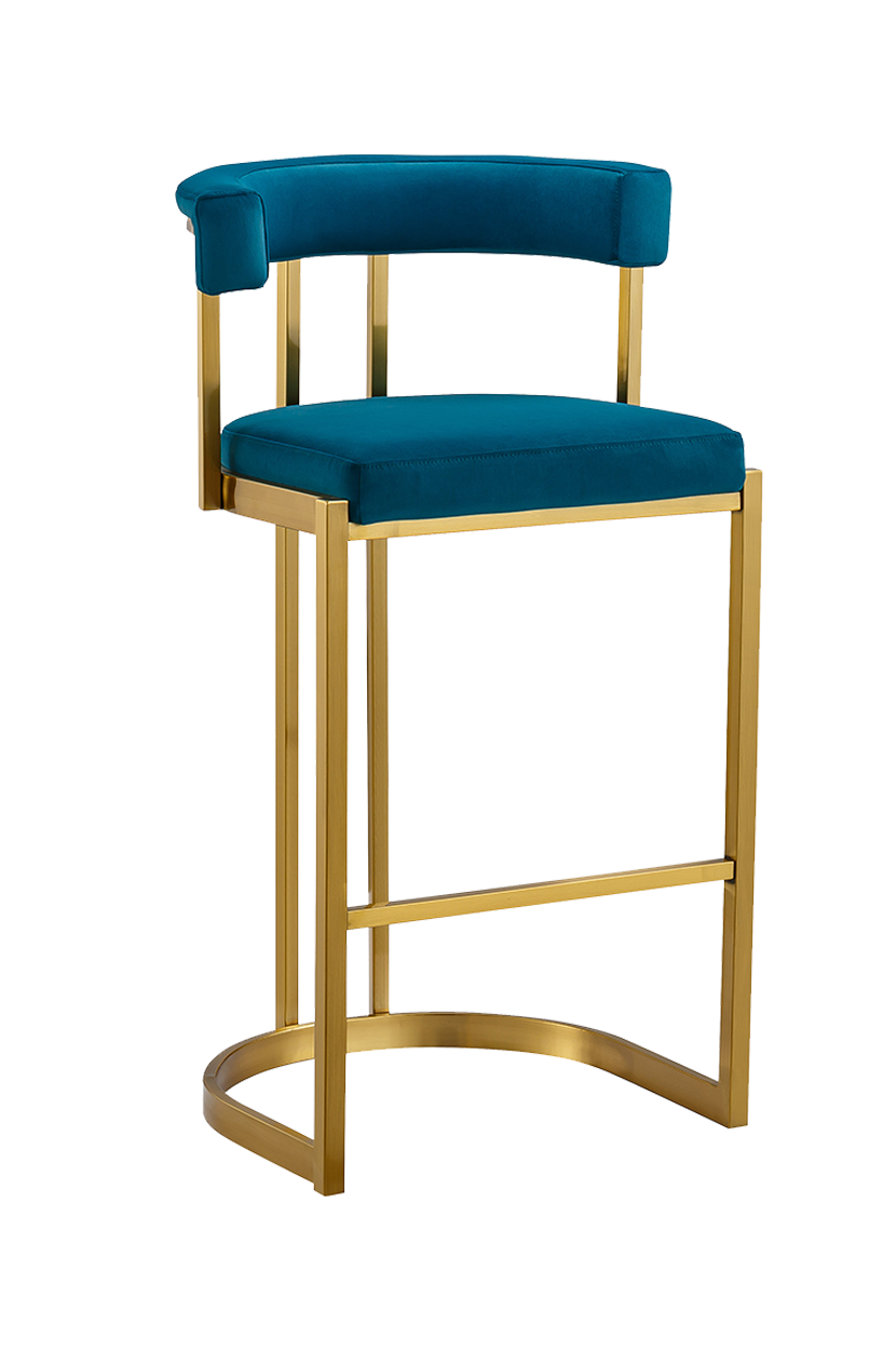 Golden Metal Barstool W/ Blue Vinyl Seat