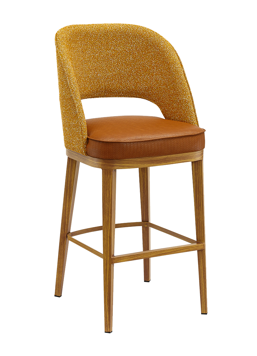 Indoor Barstool w/ Yellow Vinyl Seat, Metal Frame Finish Natural
