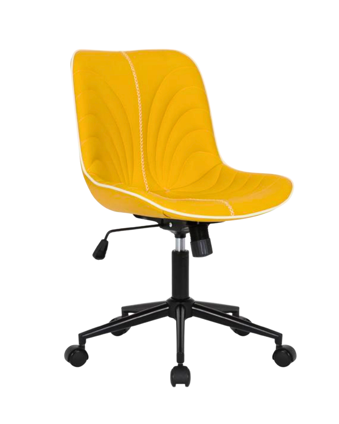 Yellow indoor modern yellow office chair with white trim, unique pattern, and black legs