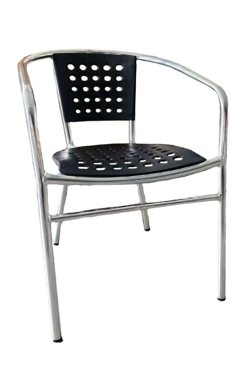 Outdoor Silver Aluminum Chair with Black Resin Seat and Back