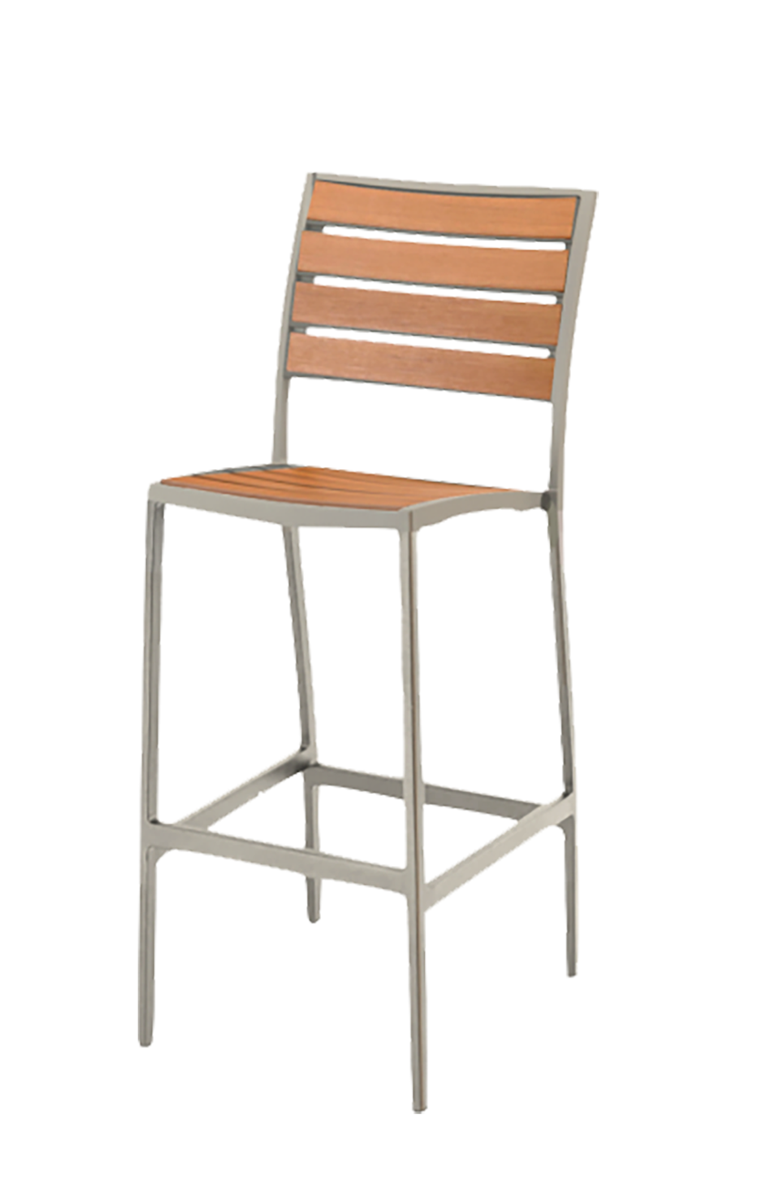 Outdoor Silver Frame Aluminum Barstool with Faux Teak Seat and Back