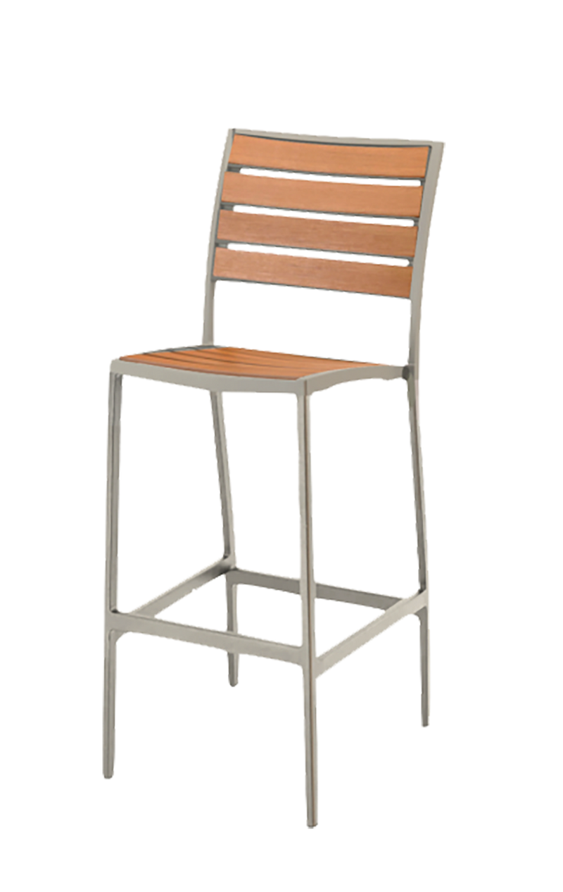 Outdoor Silver Frame Aluminum Barstool with Faux Teak Seat and Back