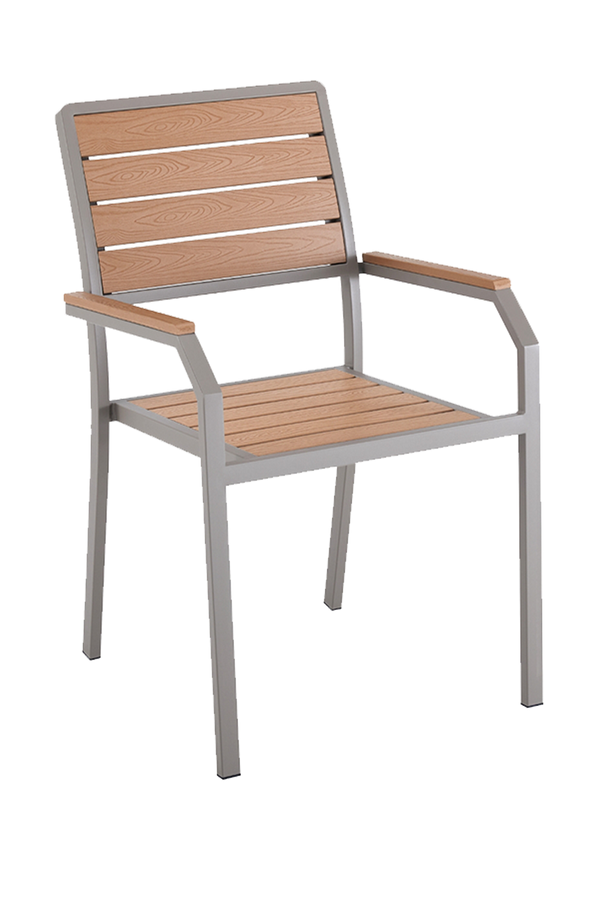Outdoor Grey Metal Chair W/ Imitation Teak Slats Finish Natural