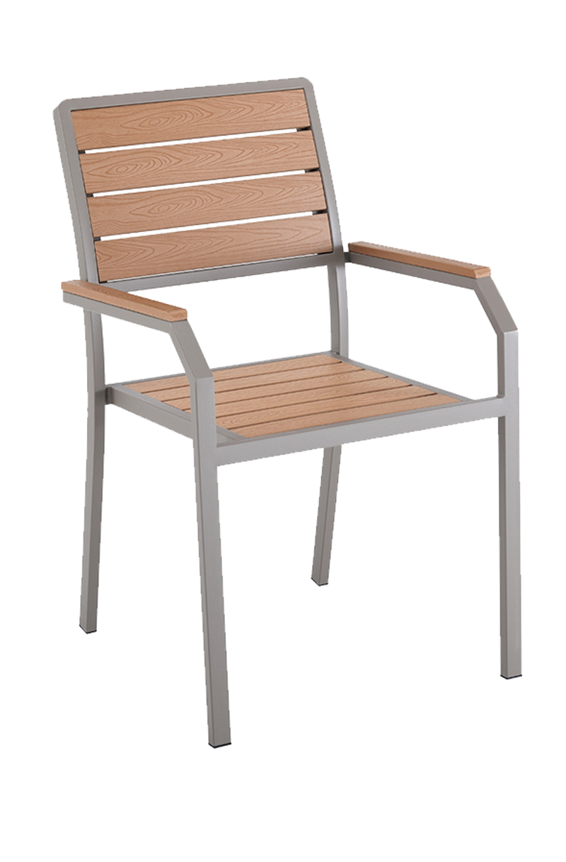 Outdoor Grey Metal Chair W/ Imitation Teak Slats Finish Natural