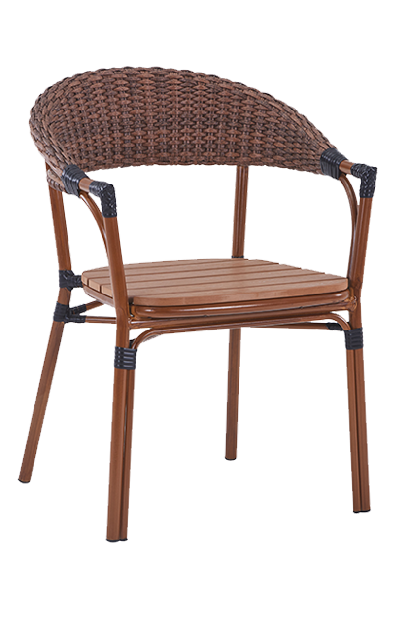 Outdoor Walnut Metal Chair W/ Seat Imitation Teak Slats Finish Natural