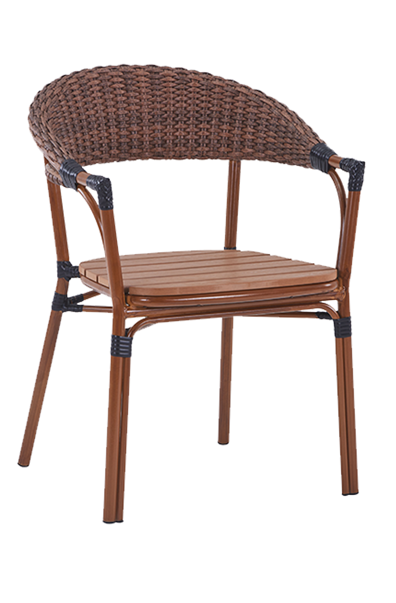 Outdoor Walnut Metal Chair W/ Seat Imitation Teak Slats Finish Natural