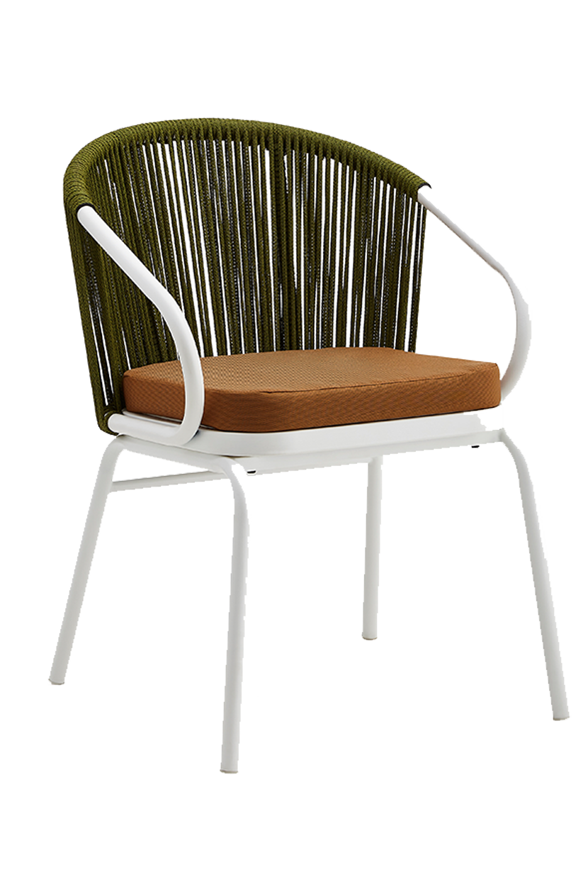 Outdoor White Metal Chair W/ Brown Seat