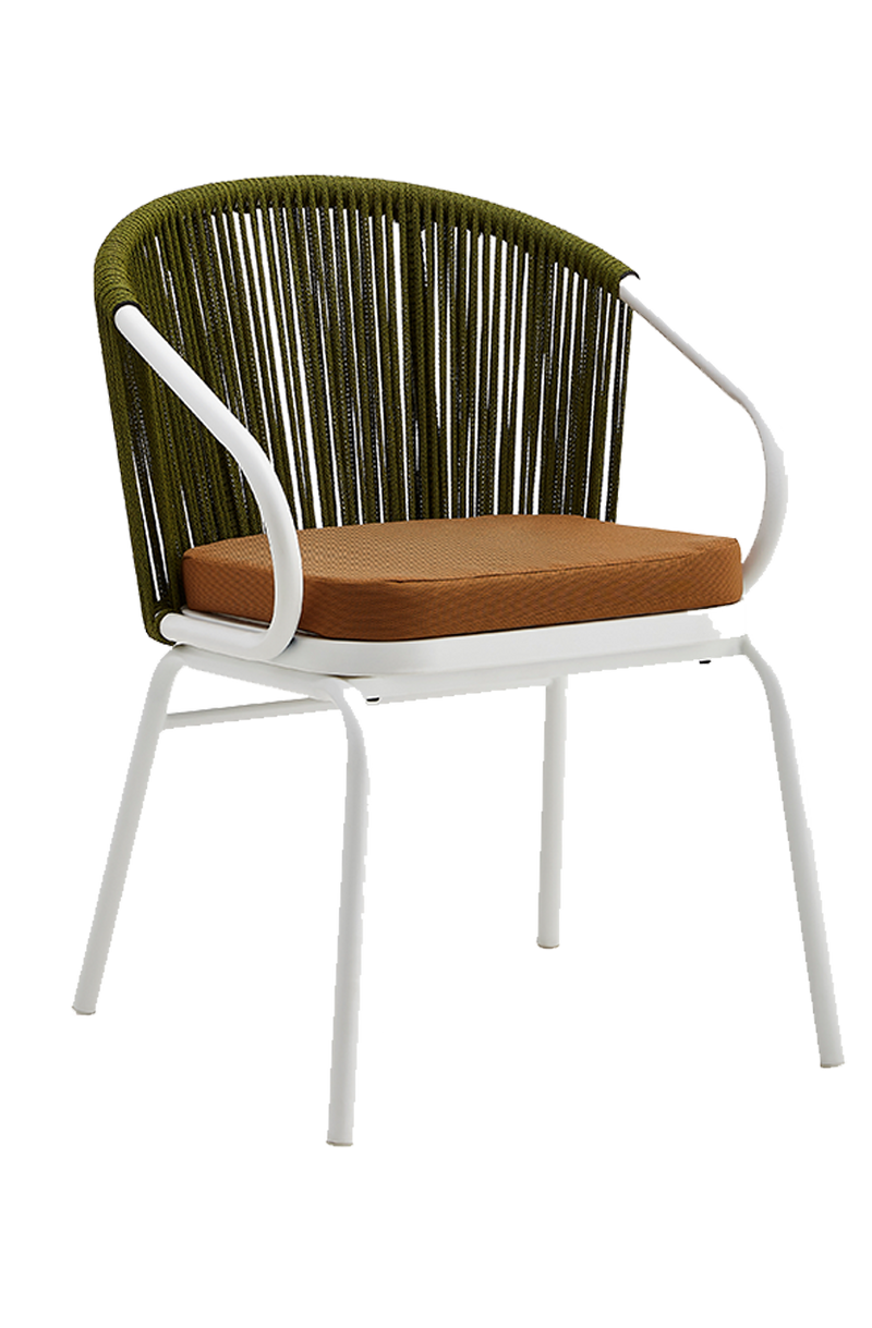 Outdoor White Metal Chair W/ Brown Seat