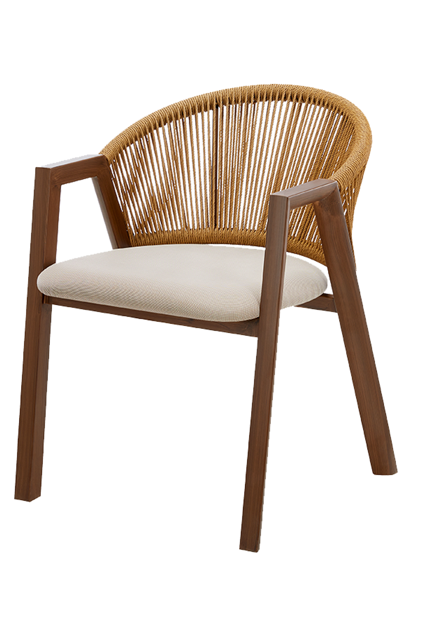 Outdoor Walnut Metal Rope Chair W/ Beige Cushioned Seat