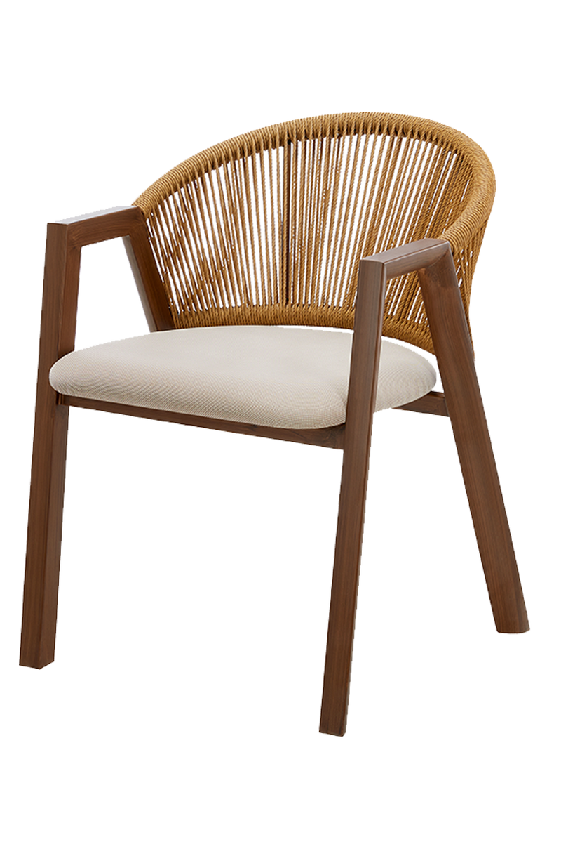 Outdoor Walnut Metal Rope Chair W/ Beige Cushioned Seat