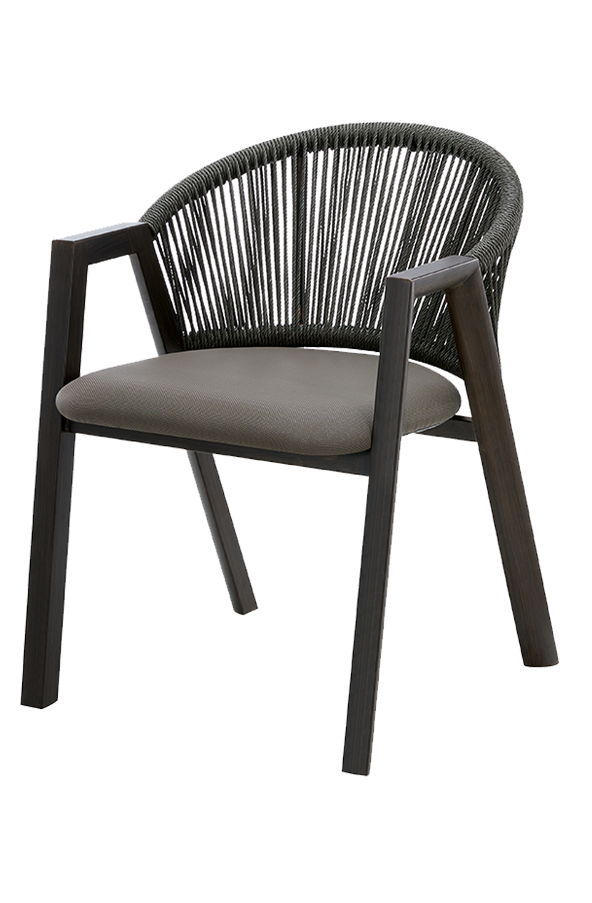 Outdoor Walnut Metal Rope Chair W/ Gray Cushioned Seat