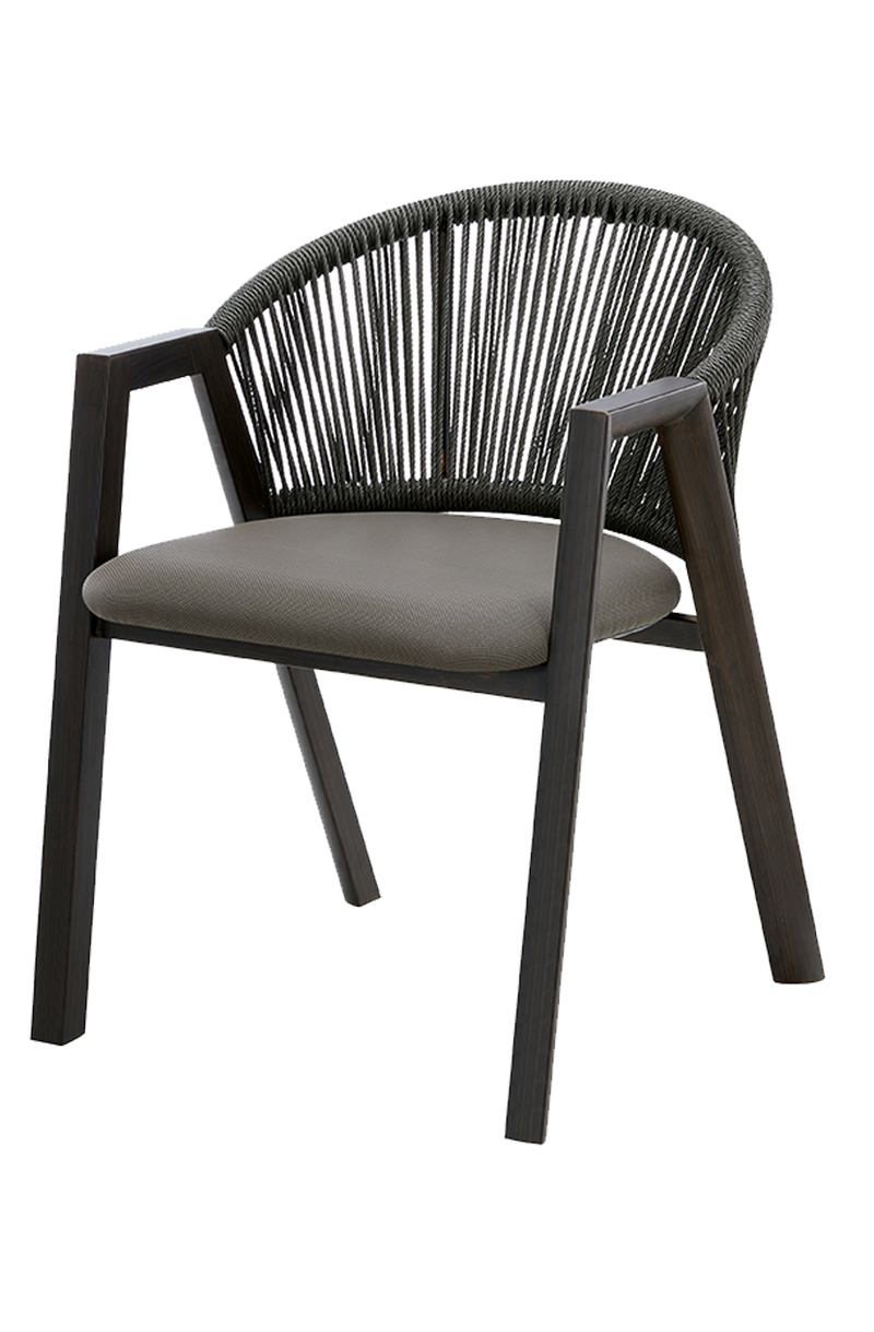 Outdoor Walnut Metal Rope Chair W/ Gray Cushioned Seat