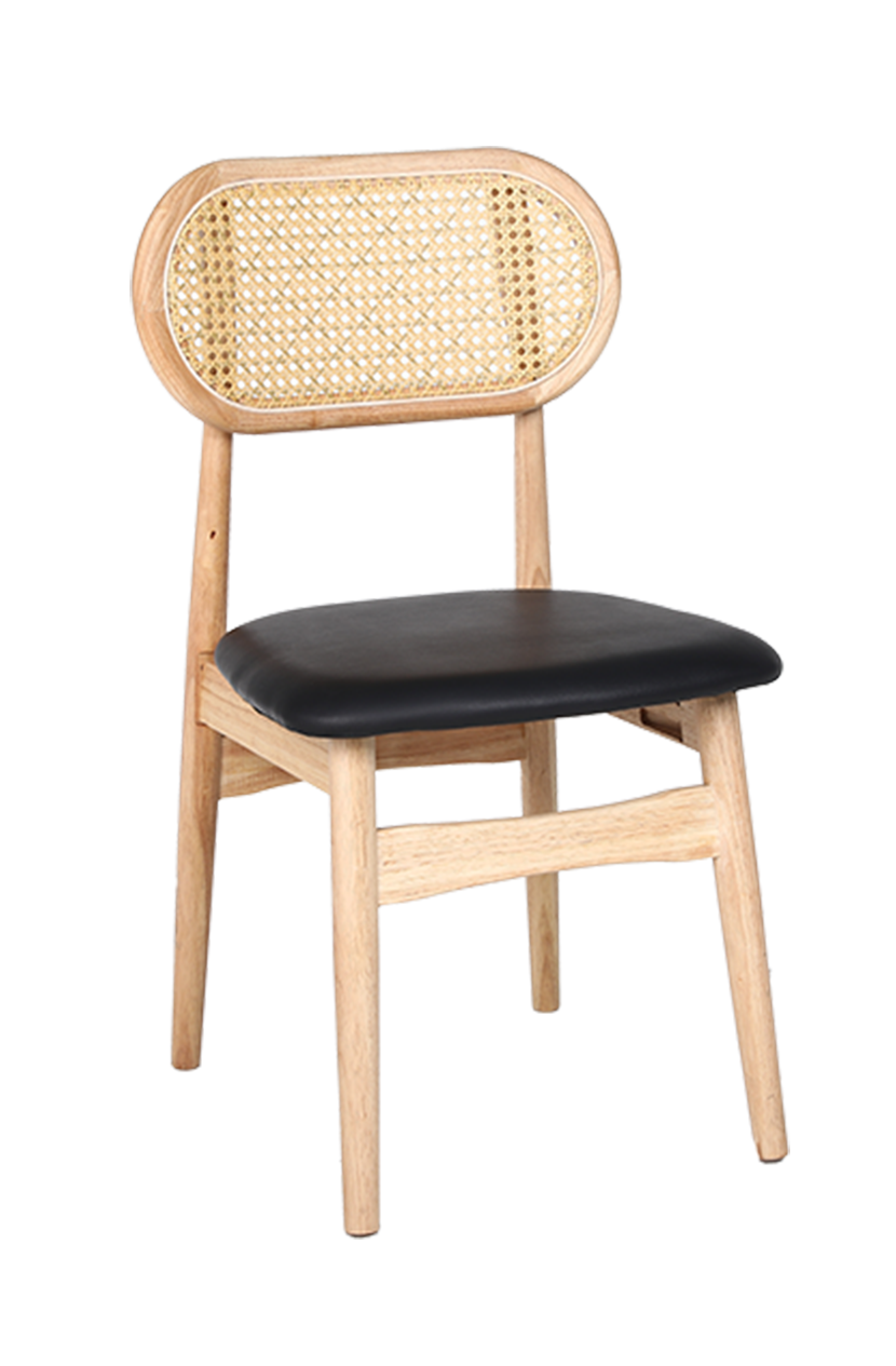 Rubber Wood Chair with PE Rattan Back, Black Seat, Finish Natural