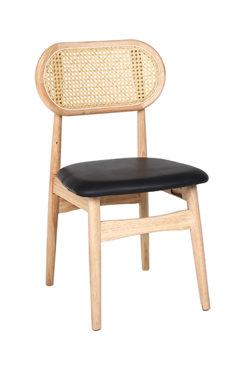 Rubber Wood Chair with PE Rattan Back, Black Seat, Finish Natural