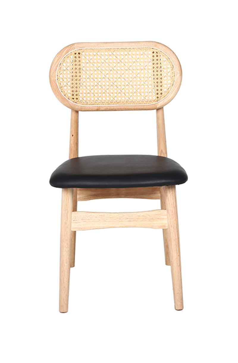 Rubber Wood Chair with PE Rattan Back, Black Seat, Finish Natural