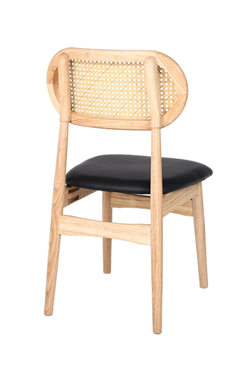 Rubber Wood Chair with PE Rattan Back, Black Seat, Finish Natural