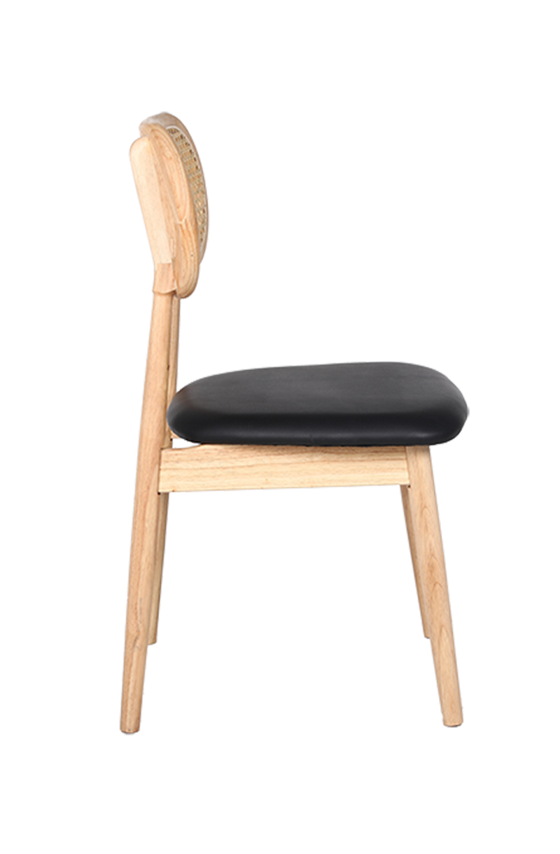 Rubber Wood Chair with PE Rattan Back, Black Seat, Finish Natural
