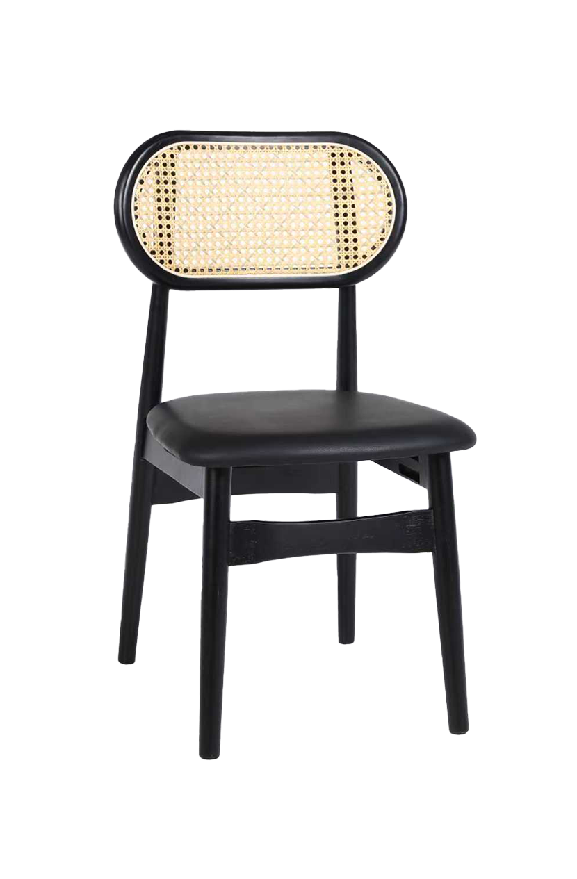 Rubber Wood Chair with PE Rattan Back, Black Seat, Finish Black,
