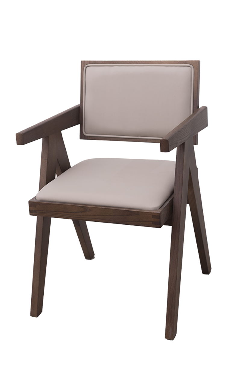 Walnut Ash wood ArmChair with Beige Vinyl Seat and Back, Finish Walnut