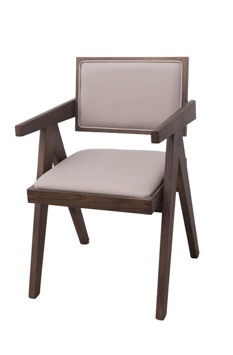 Walnut Ash wood ArmChair with Beige Vinyl Seat and Back, Finish Walnut