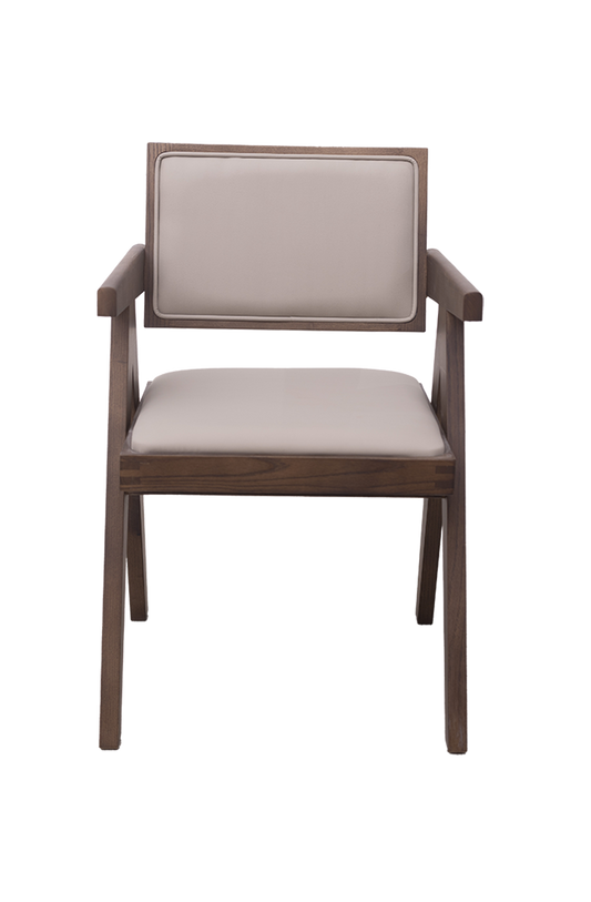 Walnut Ash wood ArmChair with Beige Vinyl Seat and Back, Finish Walnut