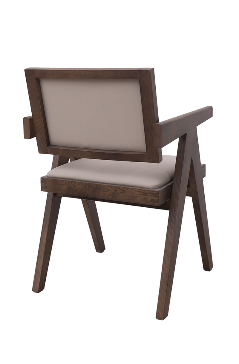 Walnut Ash wood ArmChair with Beige Vinyl Seat and Back, Finish Walnut