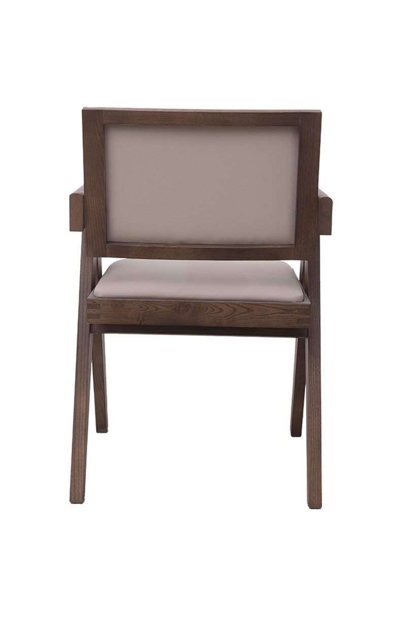 Walnut Ash wood ArmChair with Beige Vinyl Seat and Back, Finish Walnut