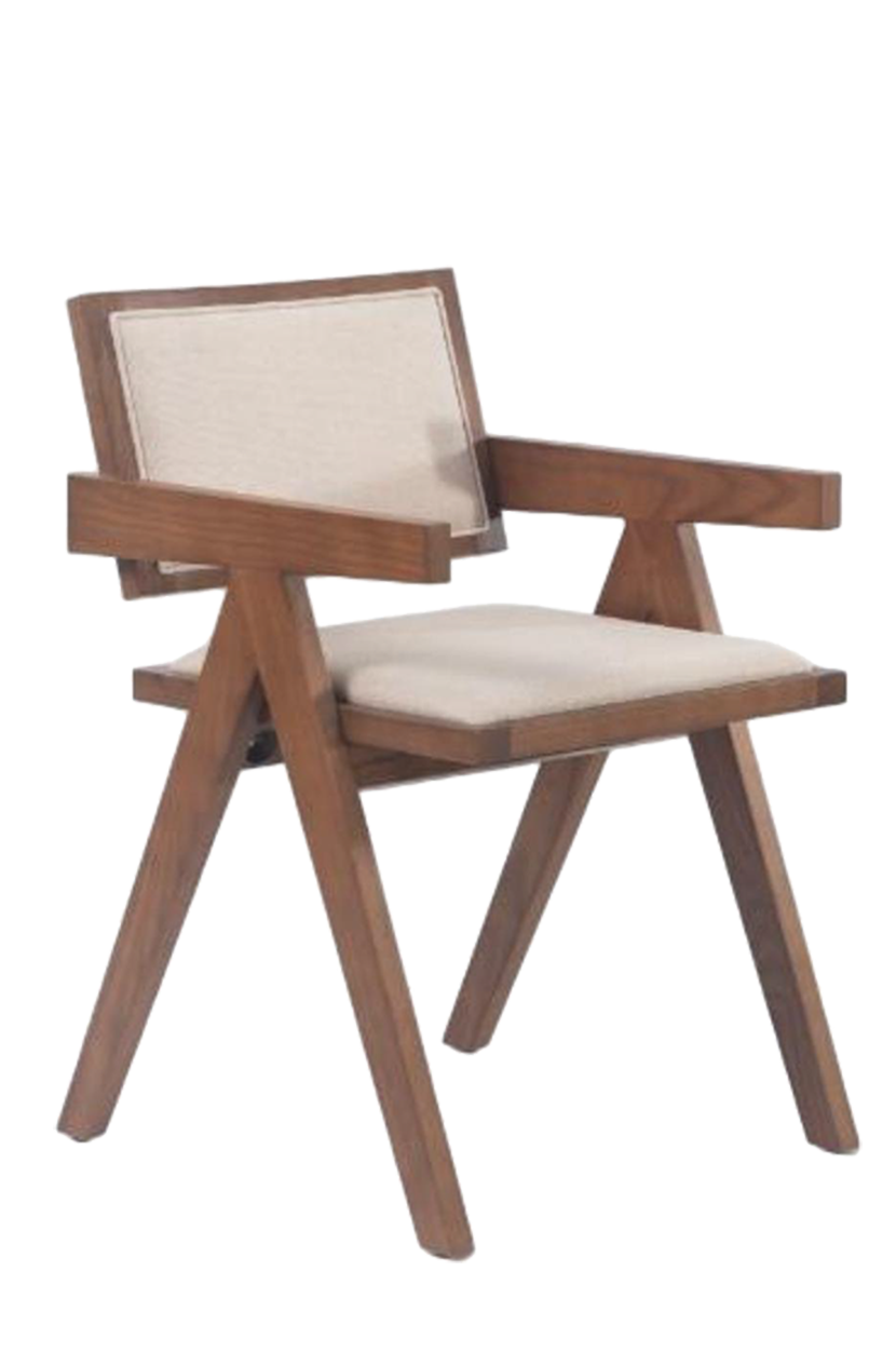 Walnut Rubber wood ArmChair with Beige Vinyl Seat and Back, Finish Walnut